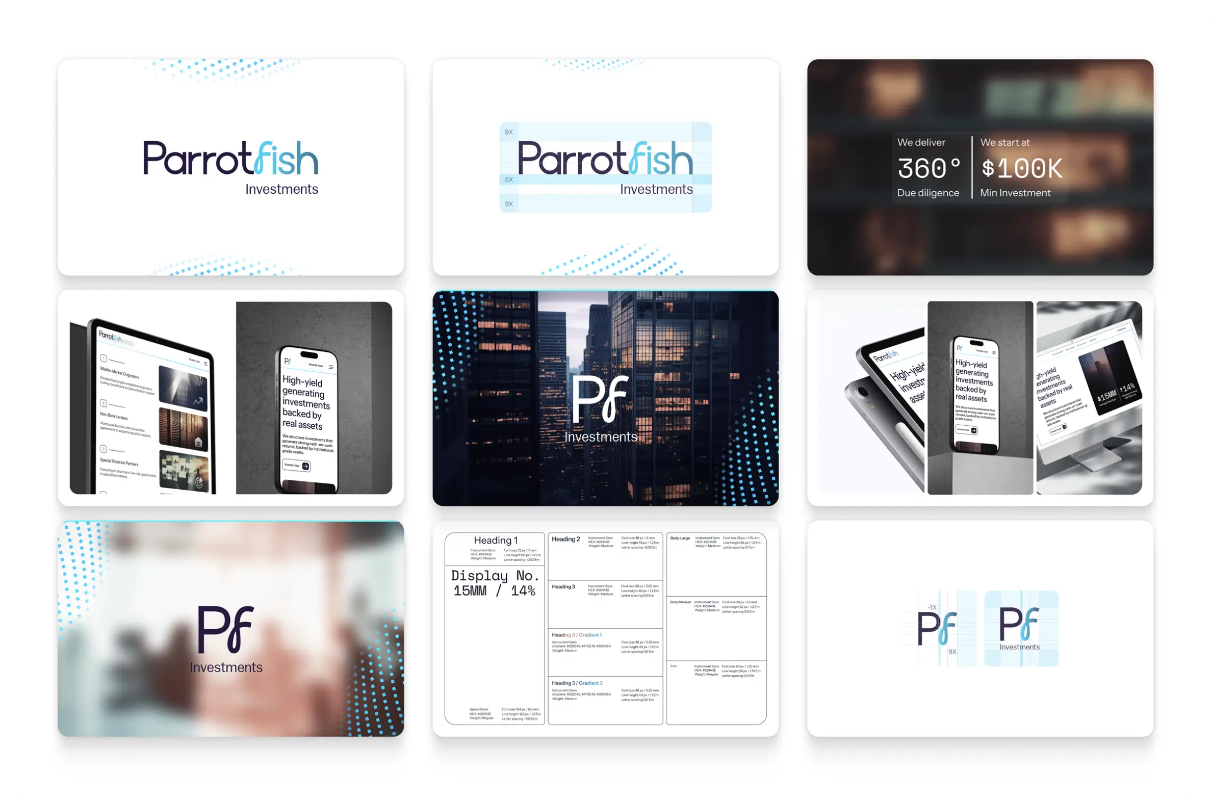 A nine-tile brand board on black: the wordmark plain and again on a clearspace grid, a statistics panel over a blurred cityscape, tablet and phone screen mockups, the monogram over a night skyline edged with a dotted halftone, a device trio, and a type specimen sheet of heading and body specs